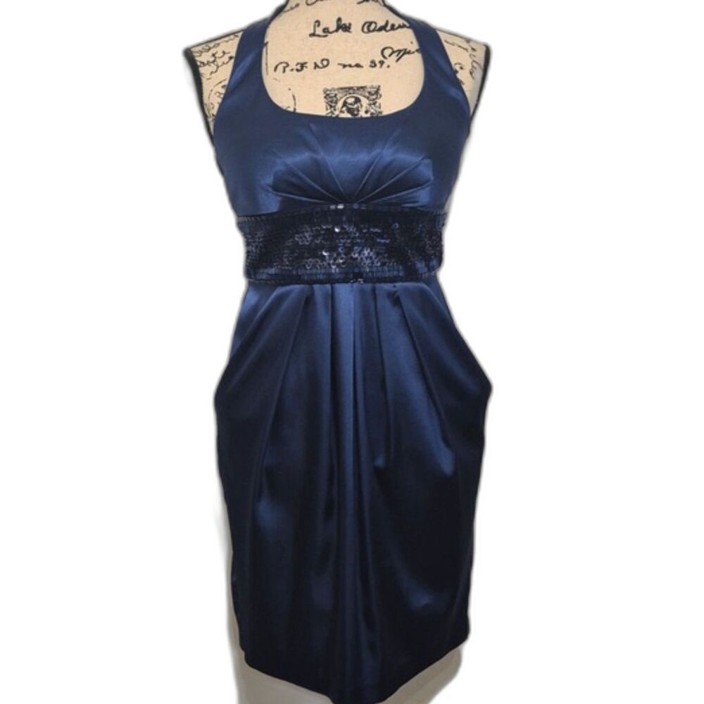 Y2K Arden B Navy Satin Halter Prom Cocktail Dress 4 Sequin Empire Waist Pockets
